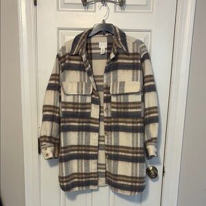 H&M Cream and Brown Plaid Utility Jacket